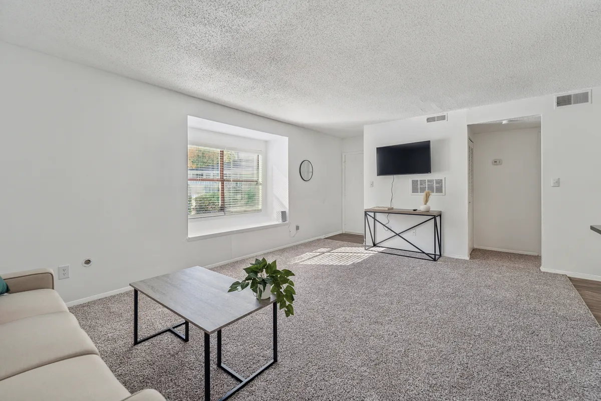 This photo focuses on a minimalist living space featuring a window that ushers in abundant natural light, a sleek coffee table, and a television on a stand. The overall vibe is modern and uncluttered, highlighting comfort and the opportunity for quiet moments.