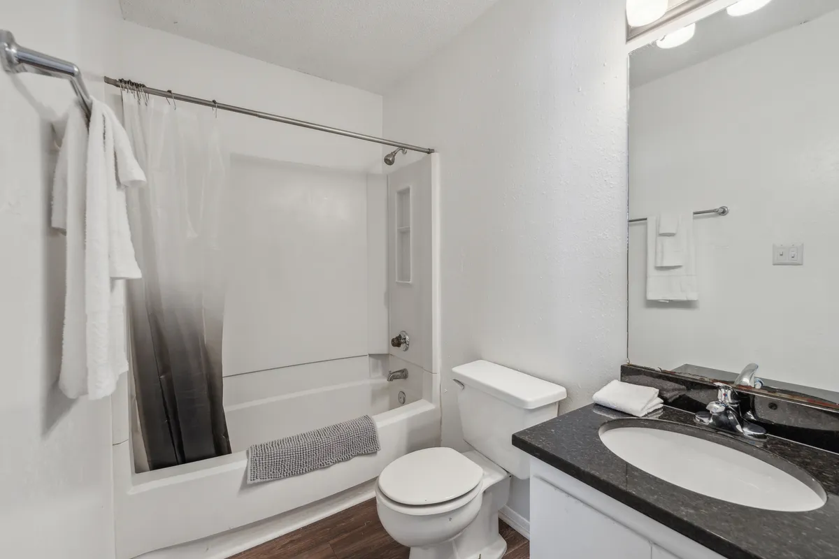 The image showcases a bright, well-appointed bathroom featuring a modern bathtub, a sleek sink with ample counter space, a pristine toilet, and a large mirror—creating an inviting space ideal for relaxation and daily routines.
